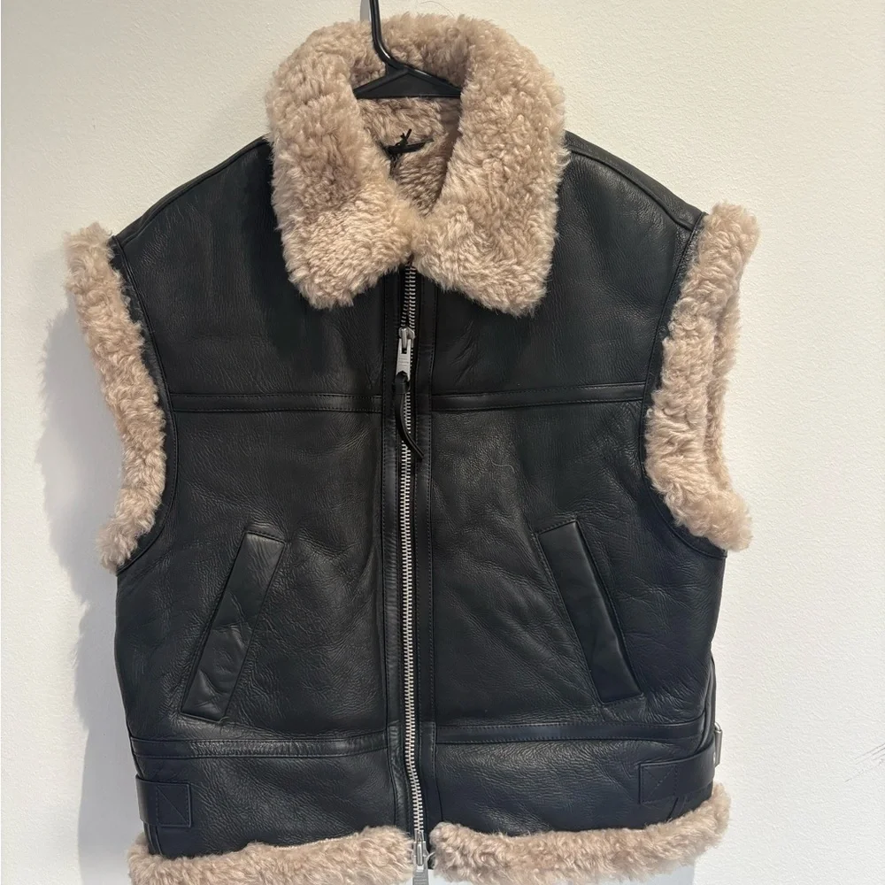 AllSaints Zep Genuine Shearling Black Leather Moto Vest Size S NWT